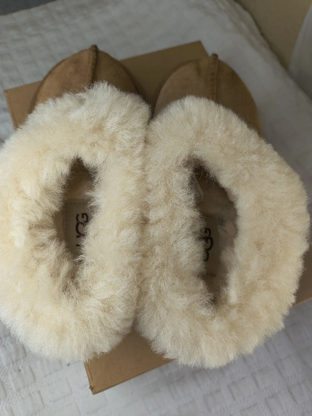 UGG Chestnut Brown Suede Plush Cuff Kids Slide Slippers